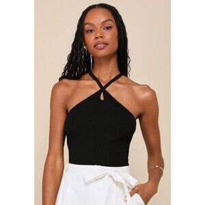 Lulus Confident Era Black Ribbed Halter Keyhole Tank Top - Size S
